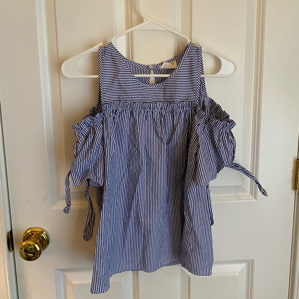 Blue striped cold shoulder top
